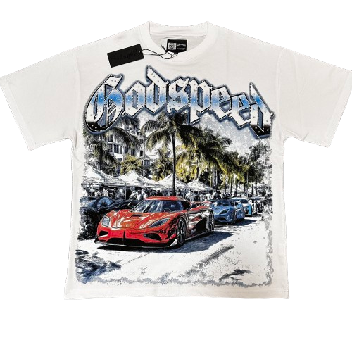 white Godspeed car graphic T-shirt